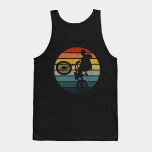 BMX Bicyclist Silhouette On A Distressed Retro Sunset graphic Tank Top